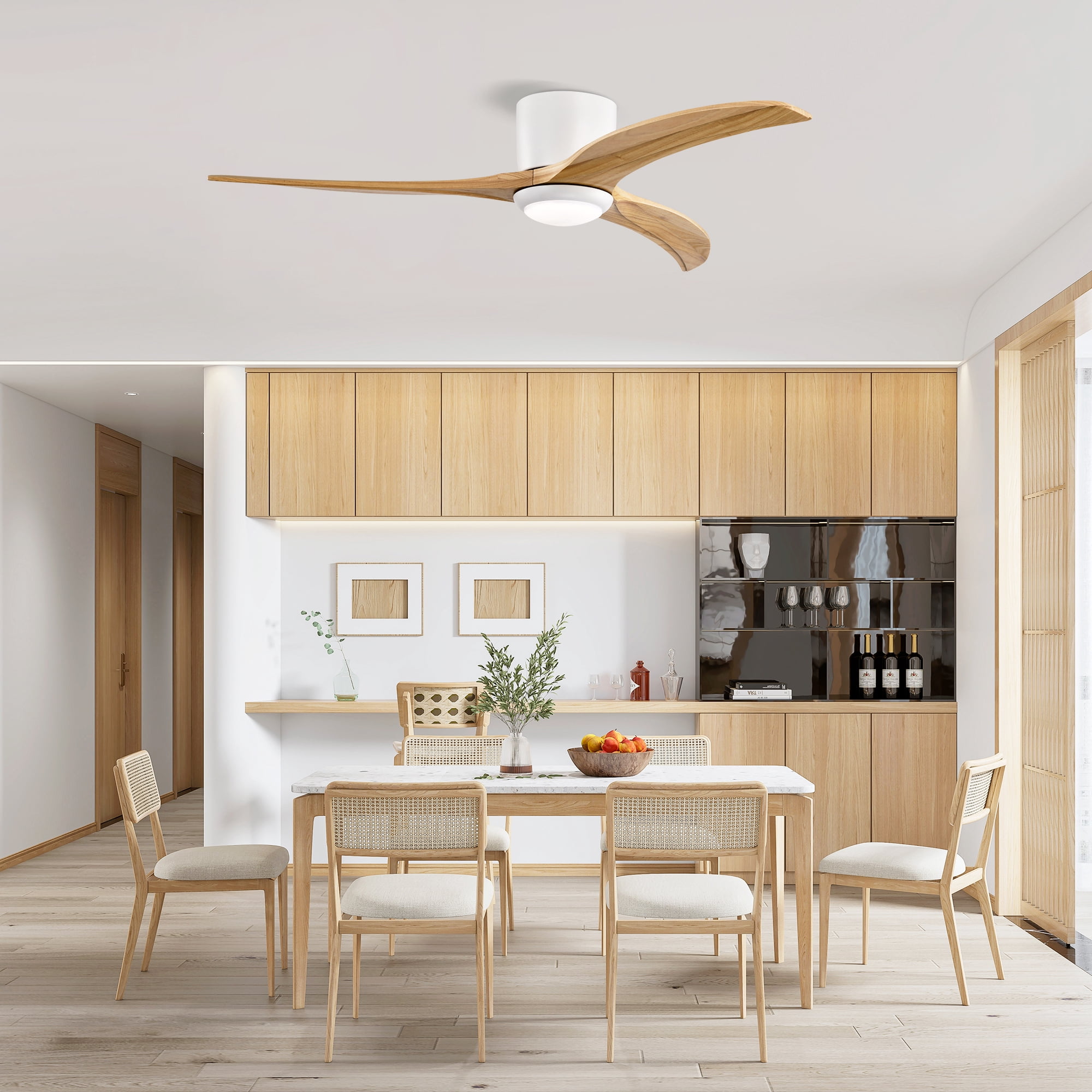 Leumius 52" Solid Wood Blades Ceiling Fan with Light and Remote Control, Noiseless Reversible Motor, 6 Speed for Patio Living Room, Bedroom White+Natural