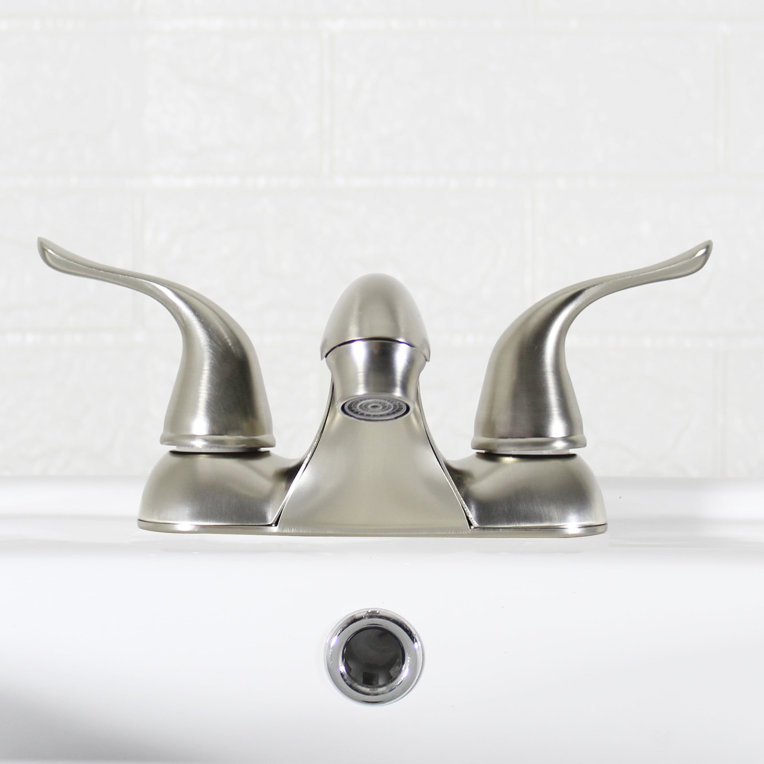 Mainstays 4-inch Centerset Bathroom Faucet with Push Pop-up, Dual Handle, Satin Nickel