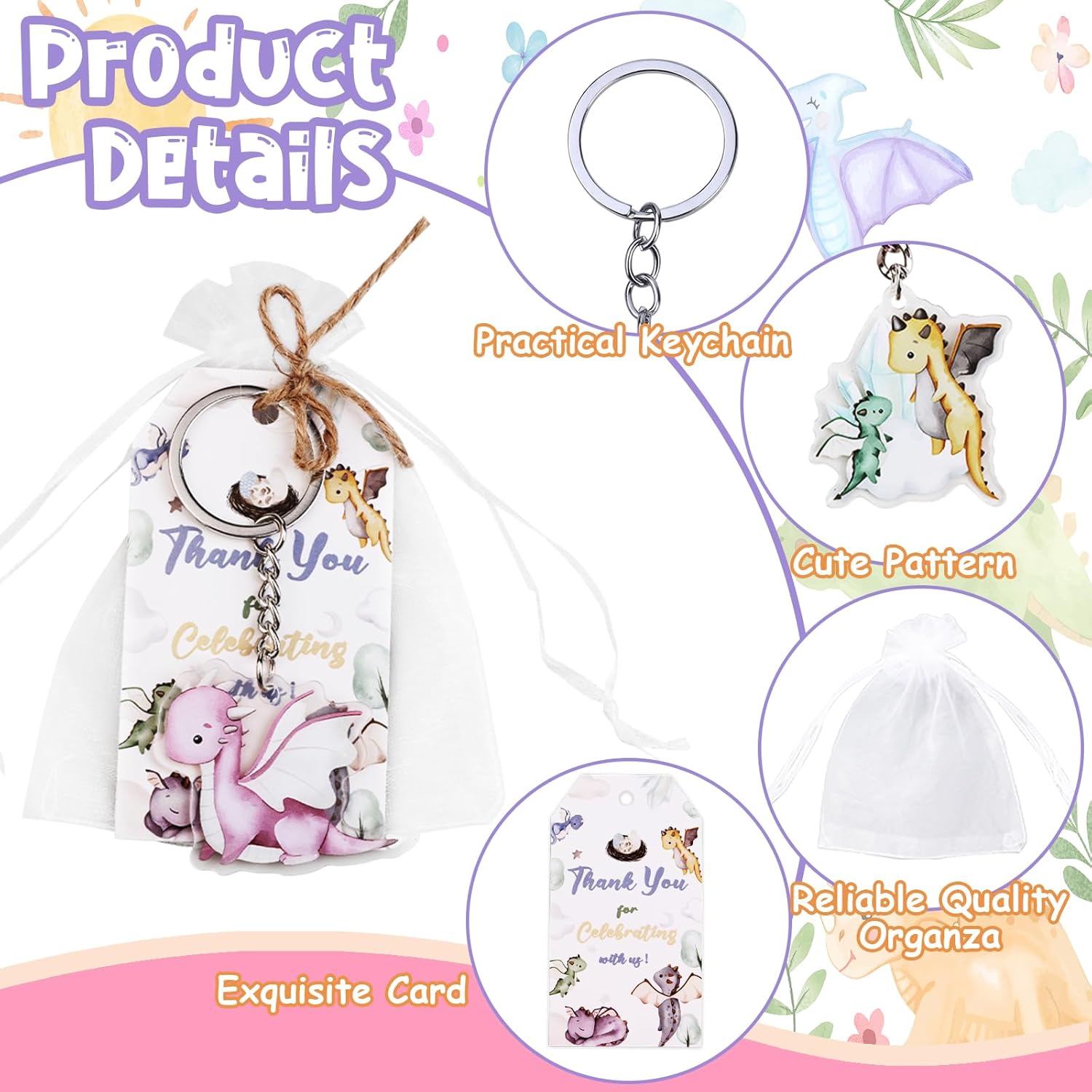 Serencatcher 72Pcs Dragon Party Favors, Dragon Baby Shower Decorations, Watercolor Dragon Thank You Tags Keychain White Organza Bags for Hatching Soon Baby Shower Birthday Party Supplies