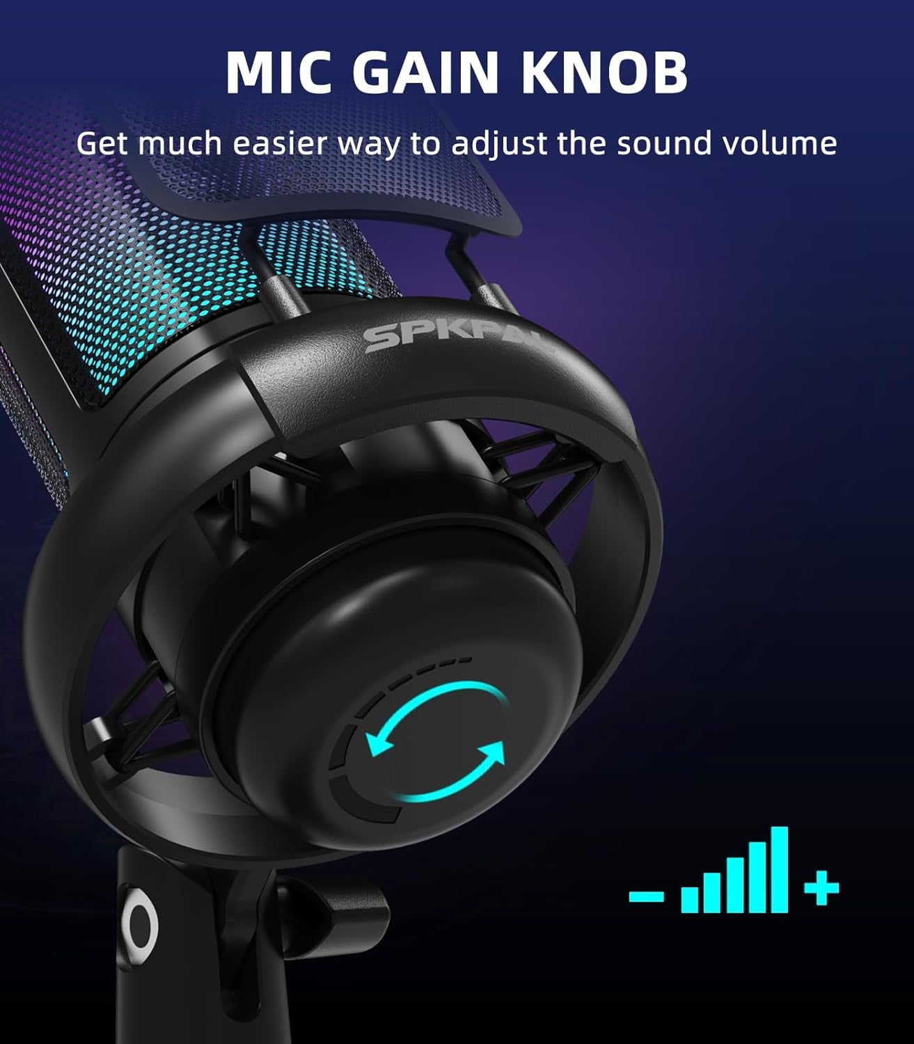 SPKPAL USB Microphone for PC, Gaming Microphone with RGB Light, Mute Button, Gain Knob,Headphones Jack for Streaming, Recording, Chat