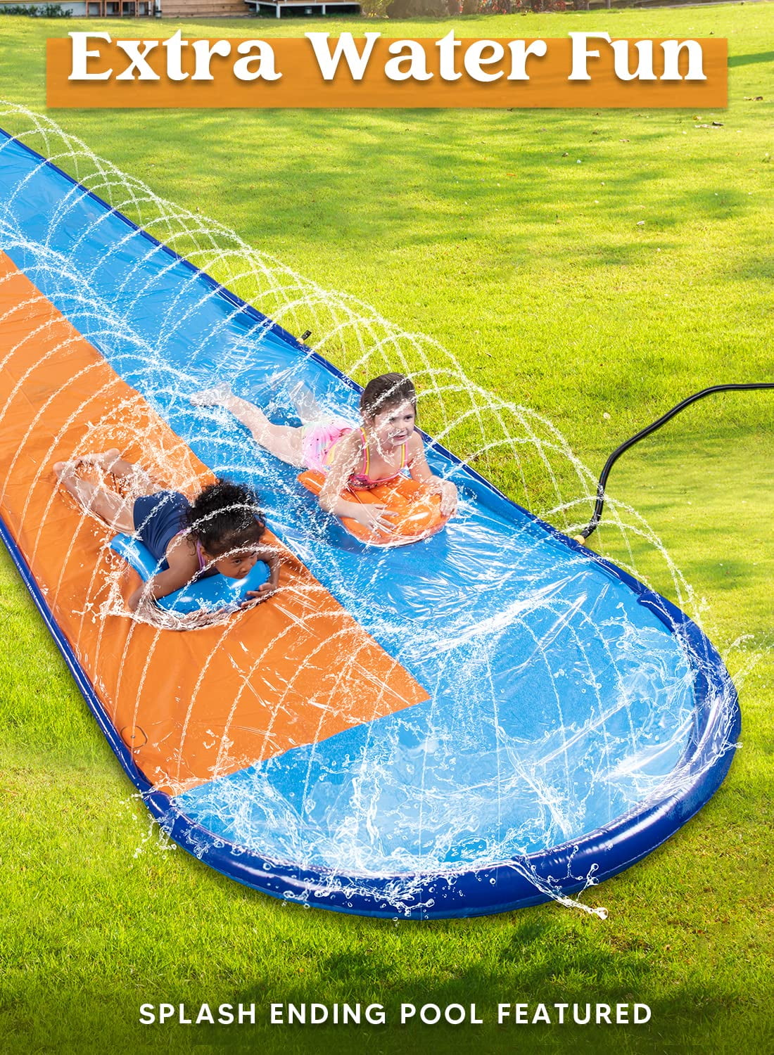 Joyfy 22.5ft Water Slides with 2 Inflatable Boards, 2 Sliding Racing Lanes and Sprinklers, Backyard Outdoor Lawn Summer Toy, Shark
