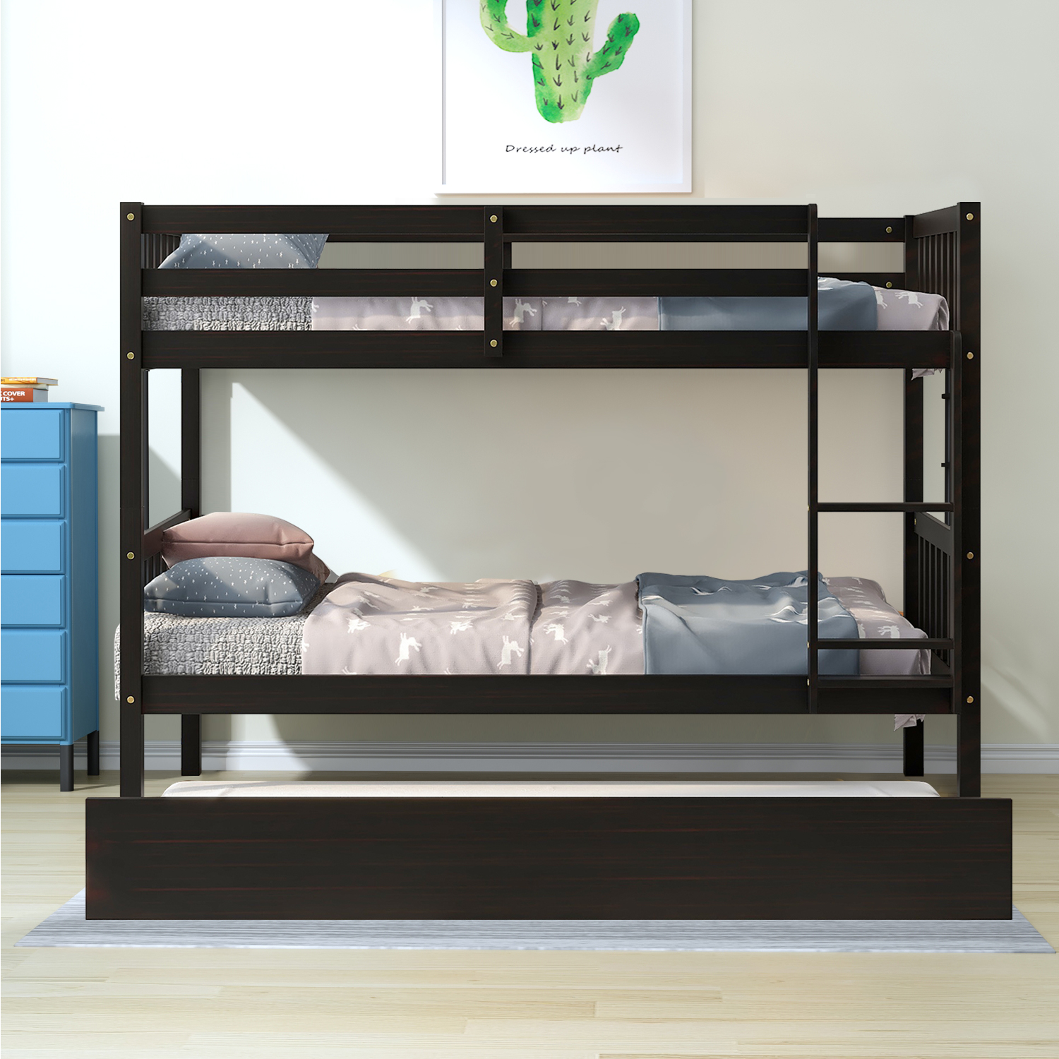 Modern and Minimalist Style Twin Size Wooden Bunk Bed with Ladder and A Trundle, Espresso - image 1 of 5