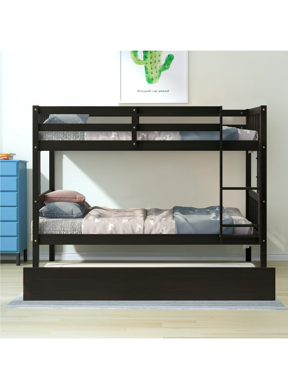 Modern and Minimalist Style Twin Size Wooden Bunk Bed with Ladder and A Trundle, Espresso