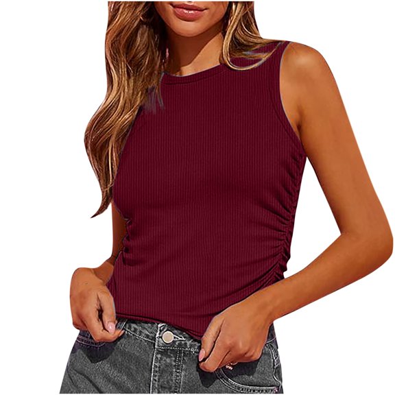 XFLWAM Womens Crop Tank Tops Crew Neck Sleeveless Ribbed Fitted Shirts Summer Casual Ruched Side Tank Tops