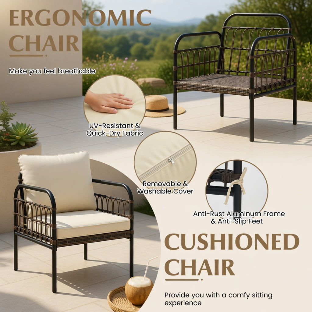 Hommoo 3-Piece Outdoor Wicker Patio Conversation Set with Tempered Glass Coffee Table, Cushioned Chairs & Rust-Resistant Metal Frame, Brown