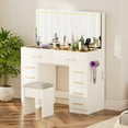 thumbnail image 2 of 46" Glass Top Vanity Desk with Mirror and 10 Drawers, Makeup Vanity with Power Outlet and Stool, 3 Lighting Modes Dressing Table, Silent Slides, Big Vanity for Bedroom, White, 2 of 9