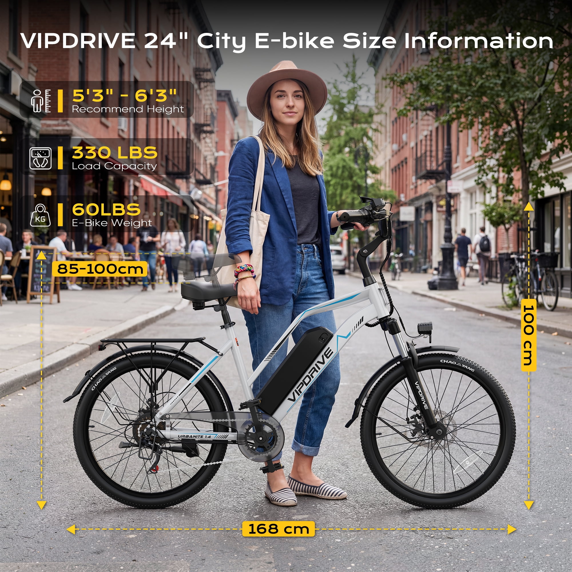VIPDRIVE Electric Bike - 24'' Adult E Bike, Peak 750W 20MPH City Cruiser E-Bike with 48V7.8AH Removable Battery with Fork Suspension and Dual Disc Brakes（UL2849)