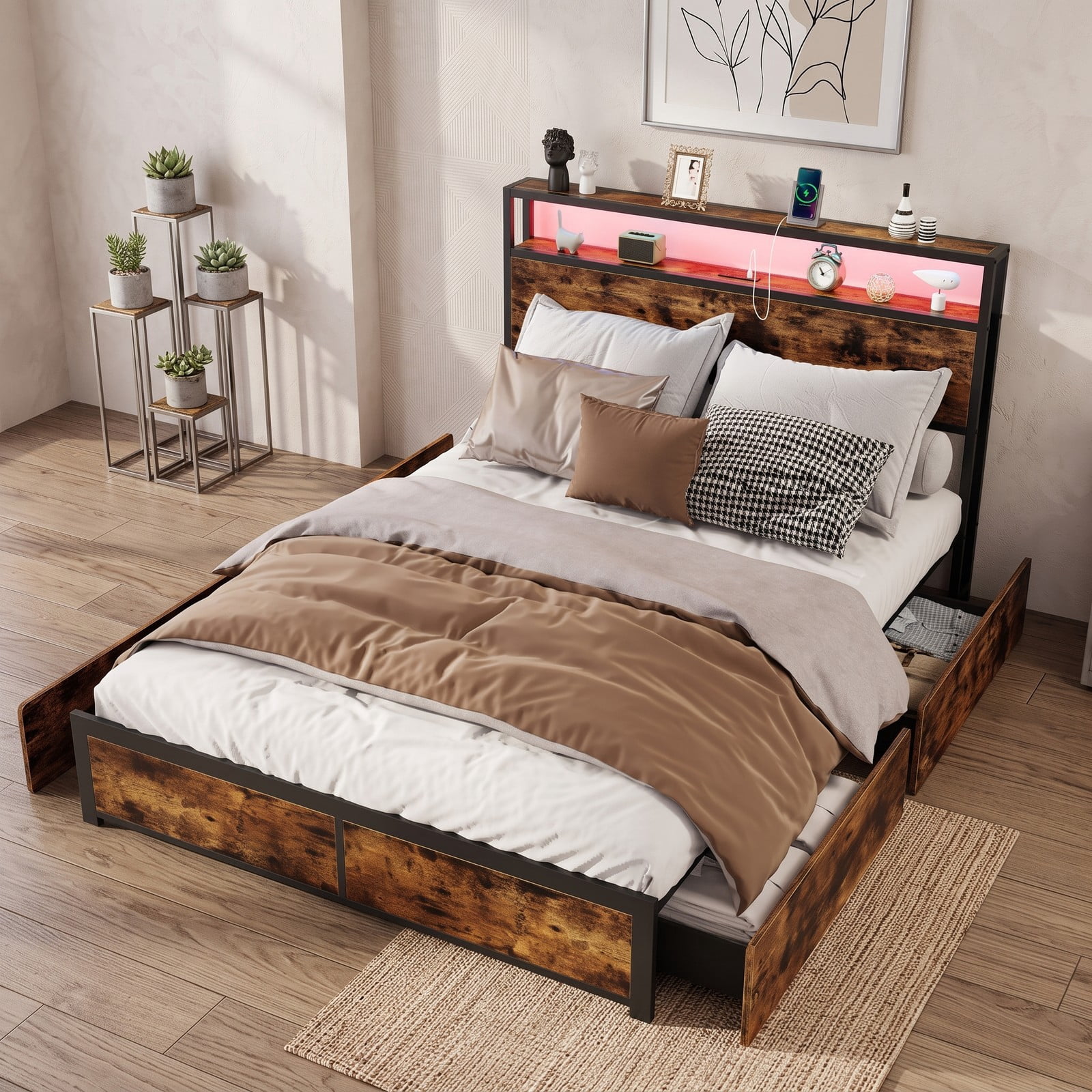 Furnibear Queen Bed Frame with Storage, Metal Platform Bed with 4 Drawers, LED Lights and 2-Tier Storage Headboard, Rustic Brown