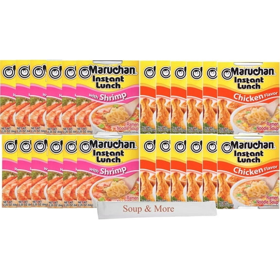 Maruchan Ramen Cup Noodles Instant 24 Count - 12 Shrimp cups & 12 Chicken cups Lunch / Dinner Variety, 2 Flavors
