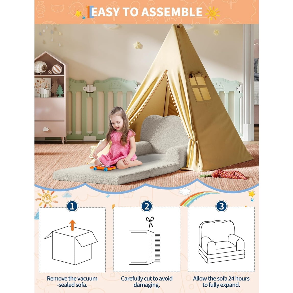 Home Kids Couch, 2-in-1 Convertible Toddler Sofa Chair, Soft Fold Out Couch Lounger for Kids, Comfy Children's Sofa Bed for Playroom