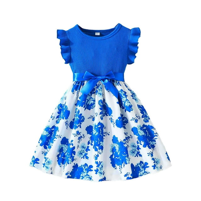 Robes pour Petites Filles Enfants Tout-Petits Filles Été Col Rond Manches à Volants Imprimés Fleurs Robe Décontractée Ligne A avec Nœud Robes Tout-Petits Bleu Ciel 4 Ans-5 Ans