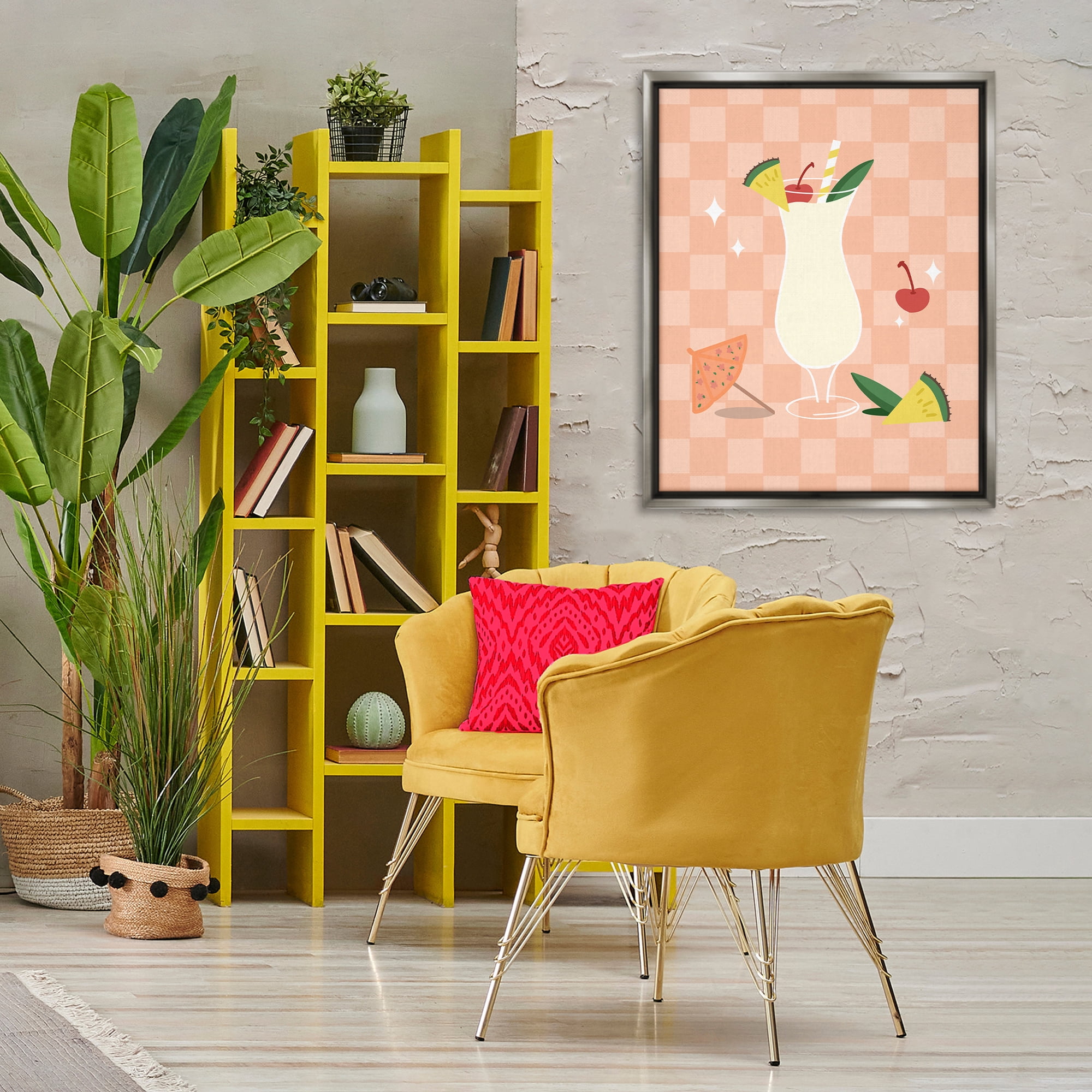 Stupell Industries Pina Colada on Checkered Food & Beverage Painting Gray Floater Framed Canvas Art Print Wall Art, 25 x 31