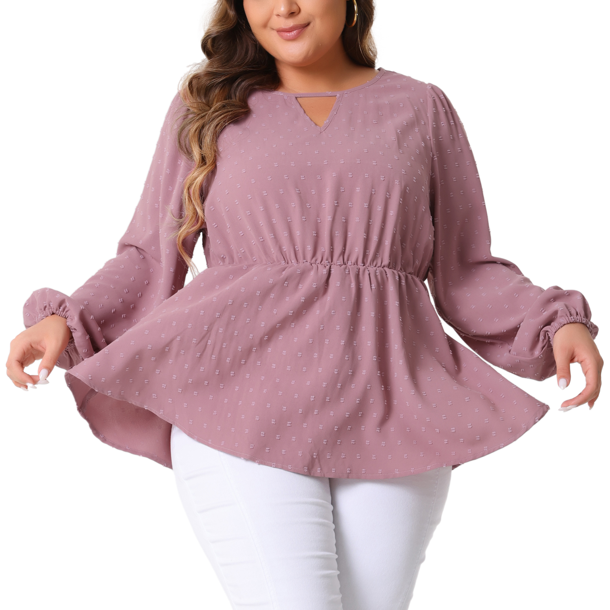 DARING DIVA Women's Plus Textured Keyhole Cut Out Long Sleeve Blouse 2X Pink