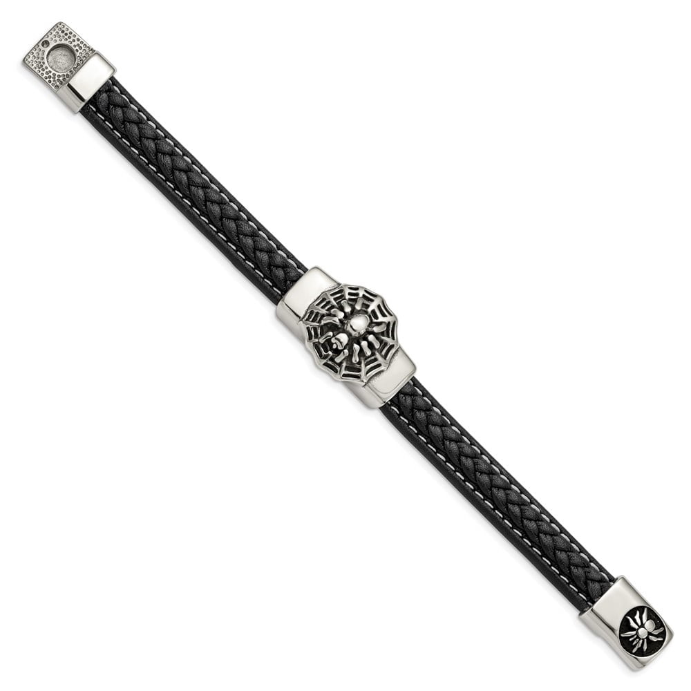 Diamond2Deal Stainless Steel Antiqued and Polished Spider Black Braided Faux Leather Bracelet for Men 8.5"