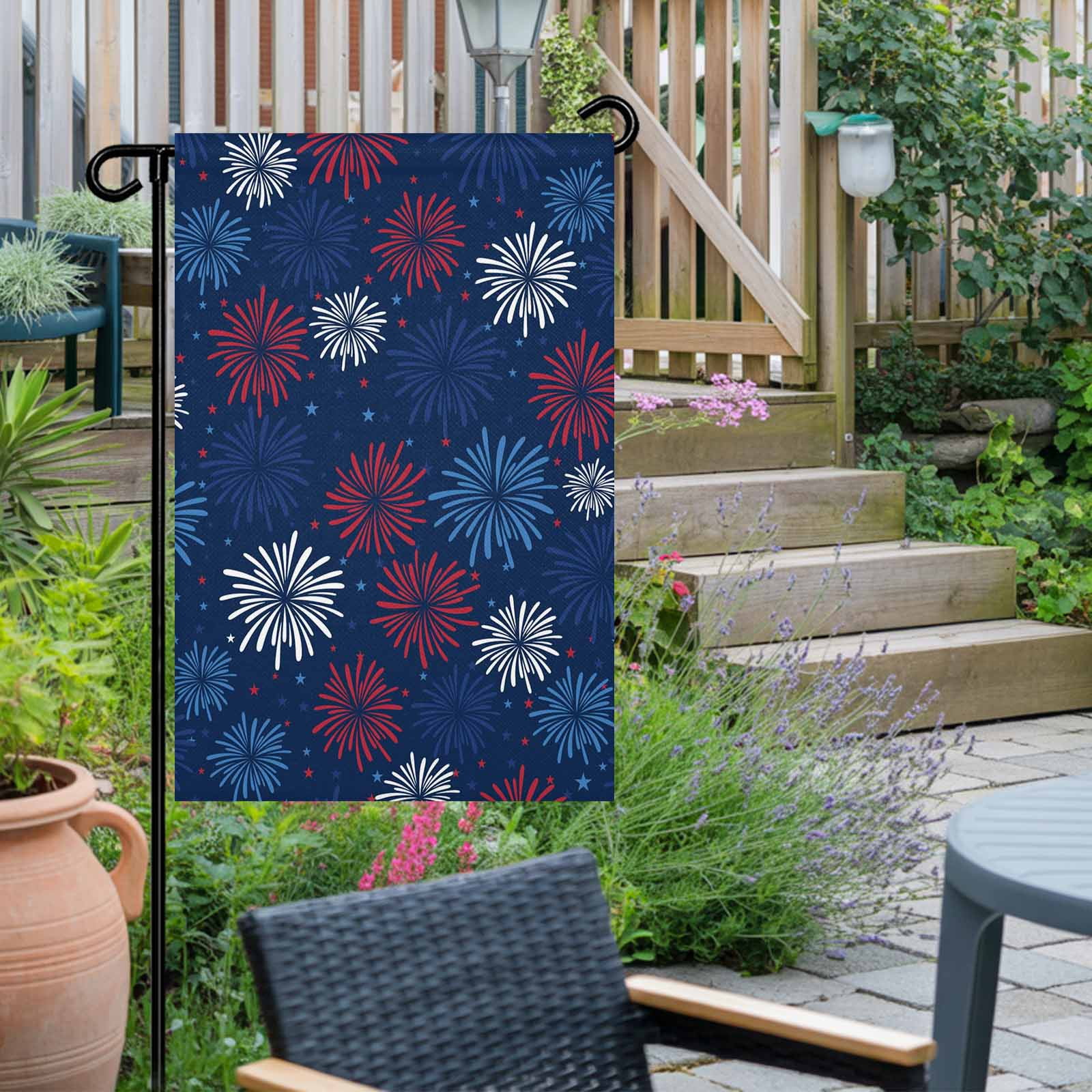 4th of July Garden Flags Red White and Blue Stars Fireworks Garden Flag Double Sided Welcome Flag USA Flag Independence Day Yard Flags for Outdoor Lawn Porch Memorial Day Holiday Decor 28x40 Inch