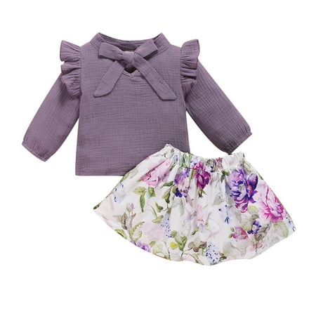 

Kucnuzki 3T Toddler Baby Girl Winter Skirt Set 4T Toddler Girl Long Sleeve Solid Color Bowknot Cozy Tops Elastic Floral Prints Flowing Skirt 2PCS Set Purple