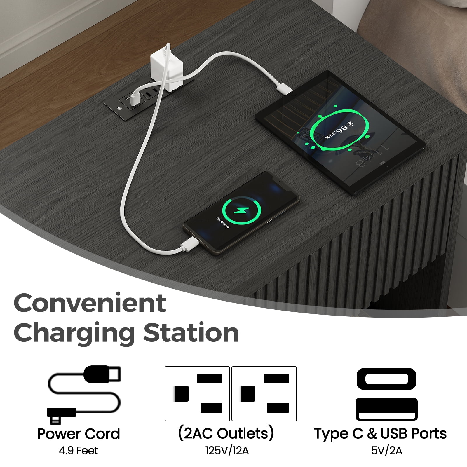 IDEALSOUL Nightstand Set of 2, 24inch Fluted Bedside Table with Charging Station, End Table with open Storage, Large Wooden Night Stands Bedside for Bedroom Living Room(2pcs, Black)