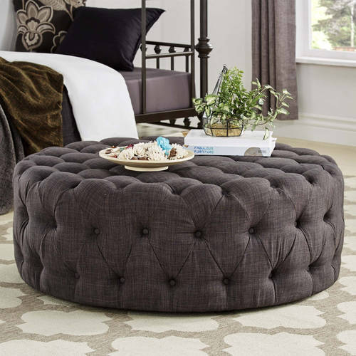 Weston Home 42" Round Tufted Cocktail Ottoman, Dark Gray Linen