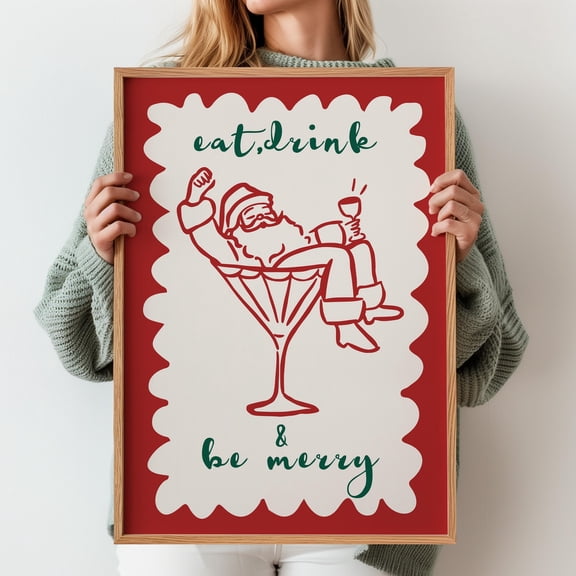 WestConfe Eat Drink and Be Merry Sign, Christmas Wall Art, Holiday Bar Cart Print, Colorful Xmas Decor, Cocktails Poster, Festive Home Art