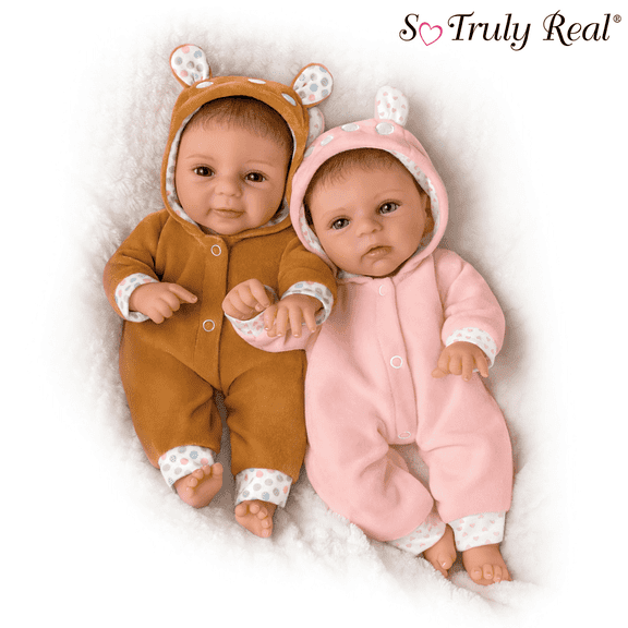 The Ashton - Drake Galleries Oh Deer! The Twins are Here! Lifelike So Truly Real® Baby Twin Dolls Poseable with Soft RealTouch® Vinyl Skin Hand Rooted Hair by Master Doll Artist Sherry Rawn 14"-Inches