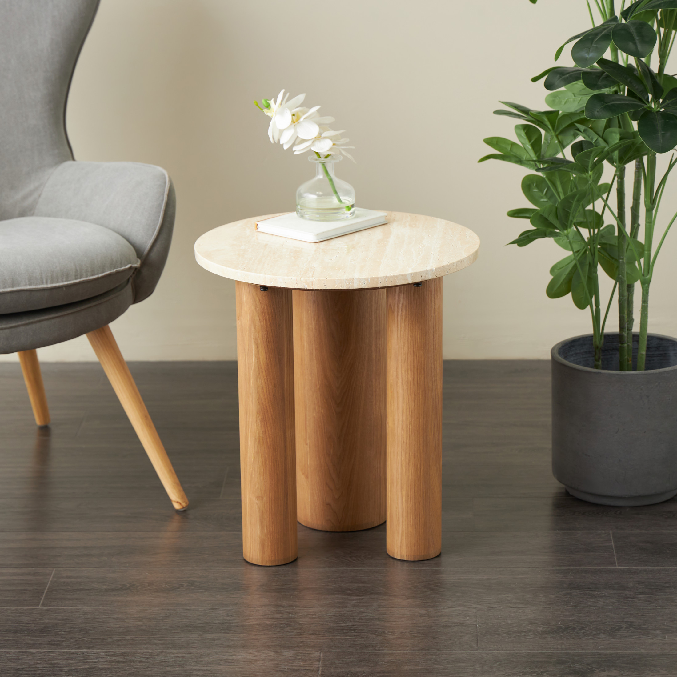 DecMode 18" x 20" Brown Wood Accent Table with Beige Round Marble Tabletop, 1-Piece