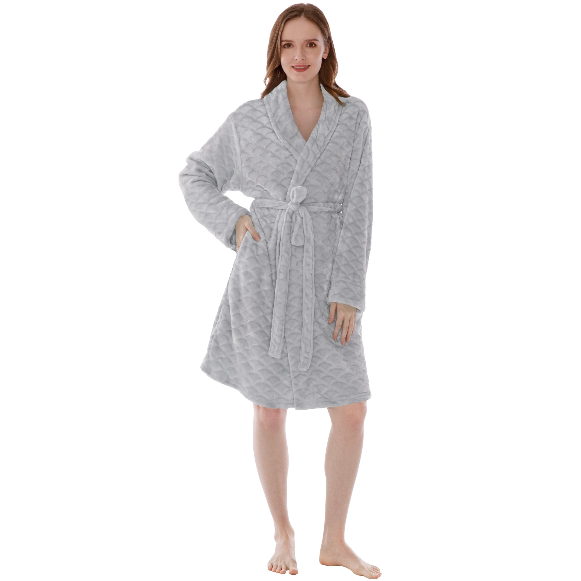 PAVILIA Light Gray Short Robes for Women, Plush Soft Womens Bathrobe Lightweight, Fluffy Fuzzy Cozy Women’s Bath Robe Knee Length, Shower Spa House Kimono Robe, S/M