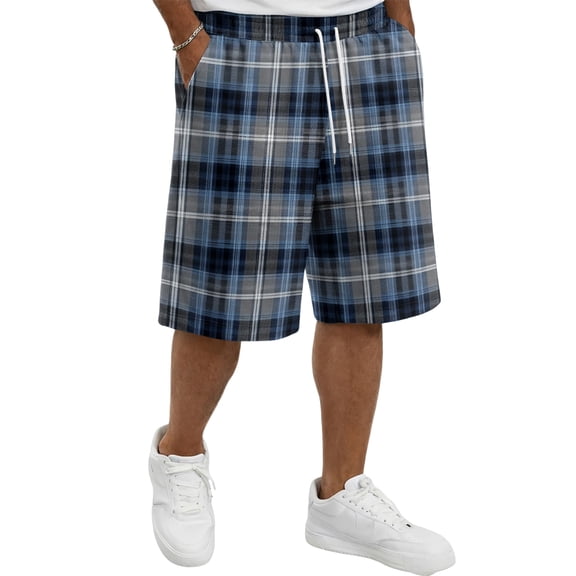 Men's Gingham Plaid Shorts, Knee Length Drawstring Wide Leg Casual Lounge Shorts with Pockets for Summer Beach Vacation Sleepwear Blue XL