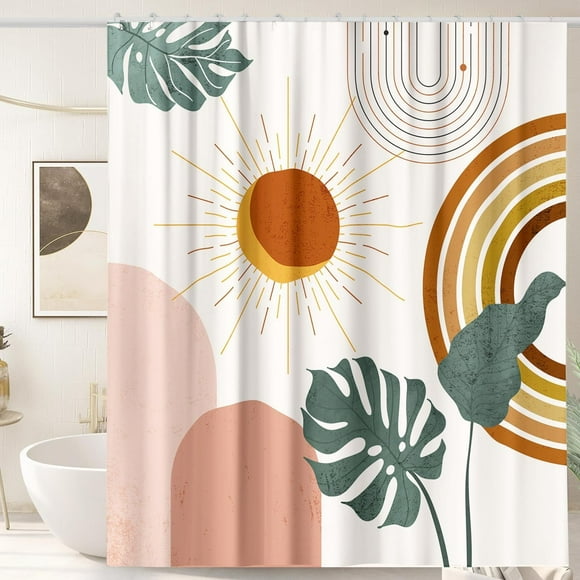 Boho Mid-Century Shower Curtain - Arch Sun Leaves Modern Minimalistic Decor, Botanical Abstract Art, Waterproof Colorful Bath Curtain, Includes 12 Hooks, 72" x 72", Adds a Fresh and Stylish Touch to A