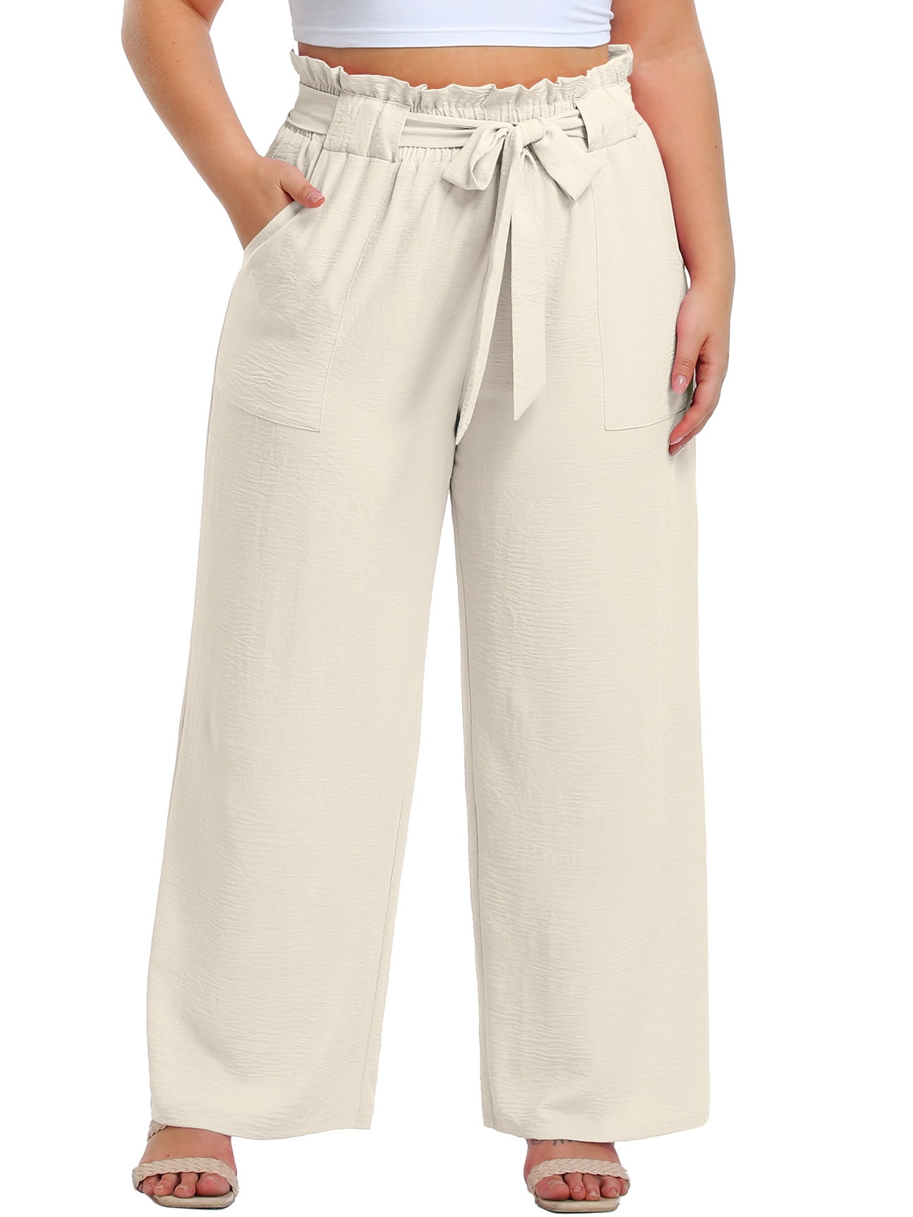 Cueply Womens Wide Leg Pants Plus Size Elastic Tie Knot Lounge Pants Loose  Trousers with Pockets 