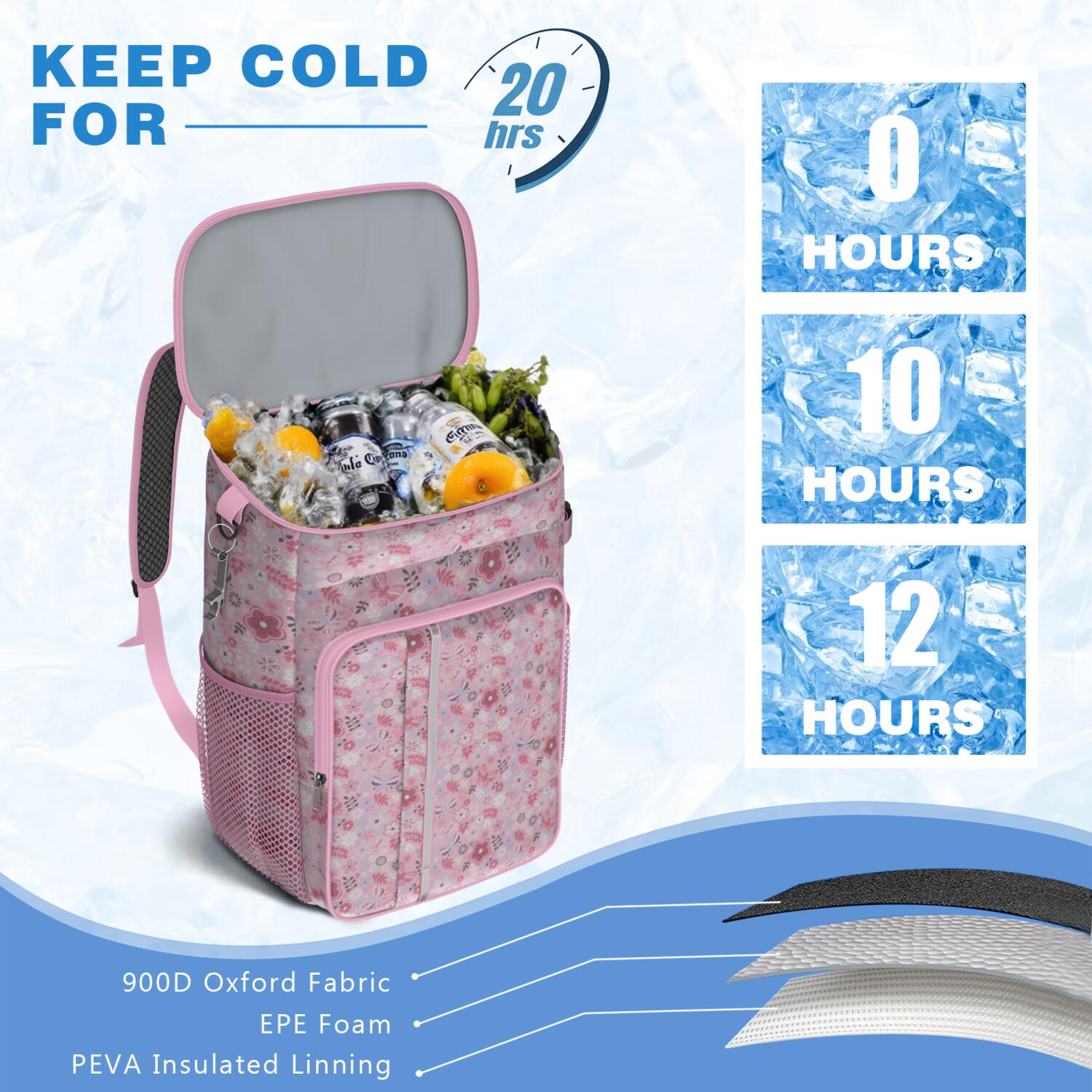 Travel Cooler Bag - Pioneer Flower Floral Print Pattern Camping Beer Cooler Backpack with Bottle Opener- Waterproof Insulated Picnic Backpacks - Cooler Bag for Beach