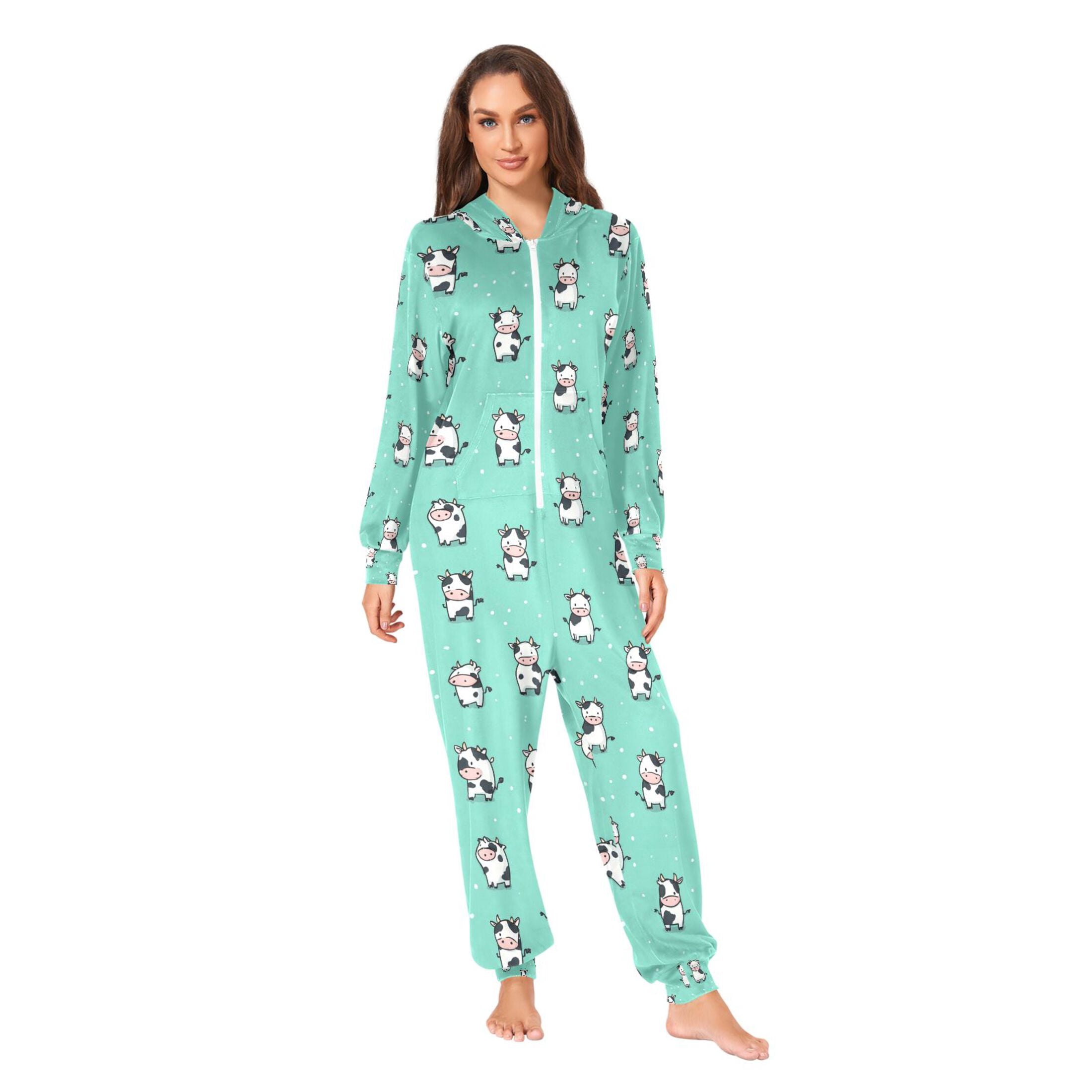 Adult Christmas Onesie Cute Cow Adult Zipper One-Piece Pajamas Unisex Pajamas with Pockets
