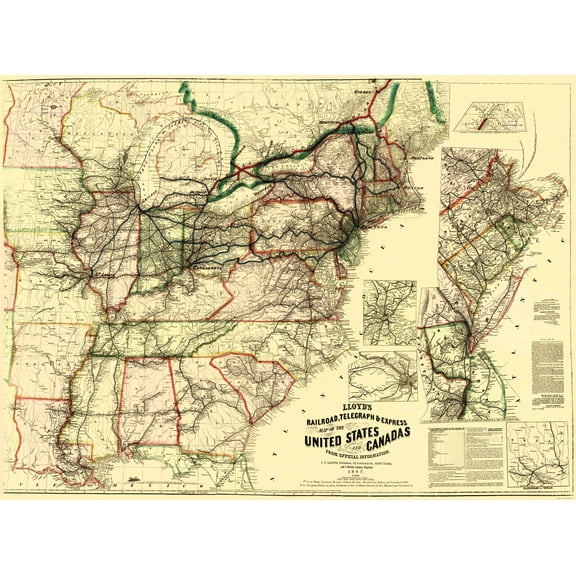 Railroad Map - United States Canada Railroads Telegraph - Lloyd 1867 - 23 x 31 - Vintage Wall Art