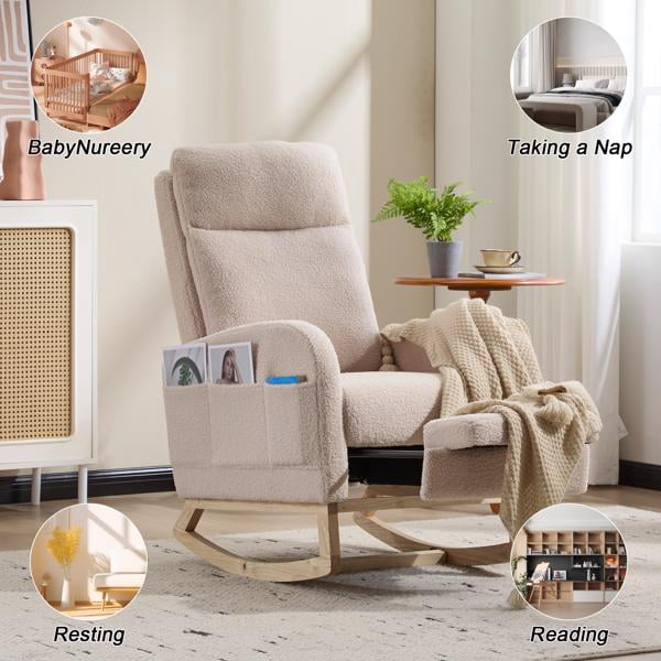 Modern Accent Rocking Chair Rocking Chair with Solid Wood Legs, Upholstered Nursery Glider Rocker, Comfy Armchair with Side Pocket, Living Room Lounge Arm Chair with High Backrest (Beige,teddy)
