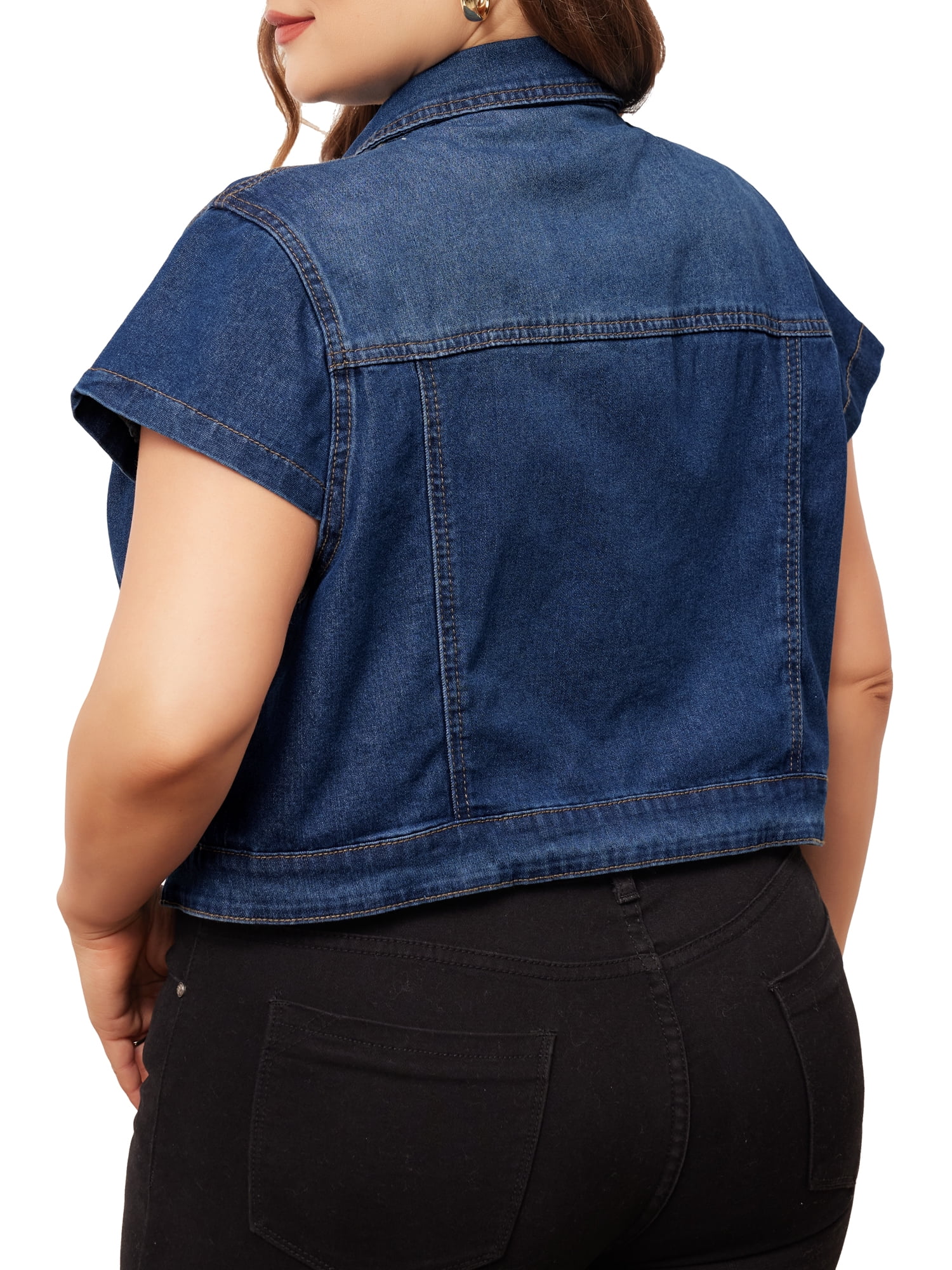 DARING DIVA Women's Plus Size Button Down Cap Sleeve Cropped Jacket 2X Dark Blue