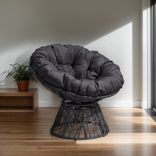38" Ergonomic Swivel Wicker Papasan Chair with Thick Tufted Cushions, 360 Degree Rotatable Chairs for Living Room Bedroom Reading Room, Gray Cushion