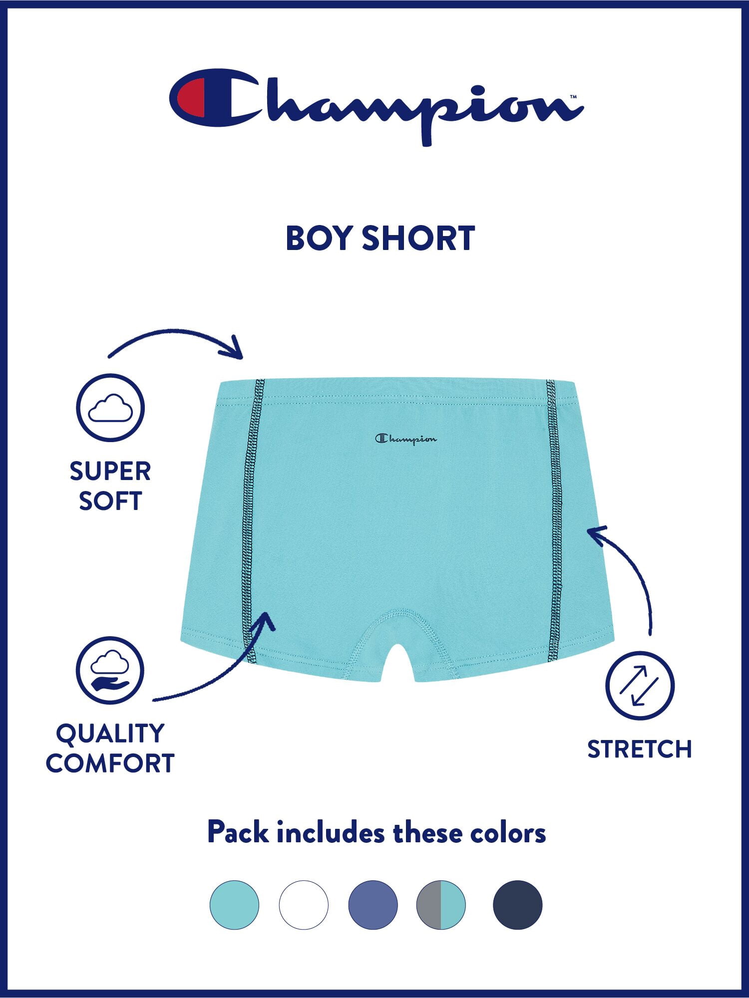 Champion Girls’ Softest Touch Boyshorts, 5 Pack, Sizes XS–XL