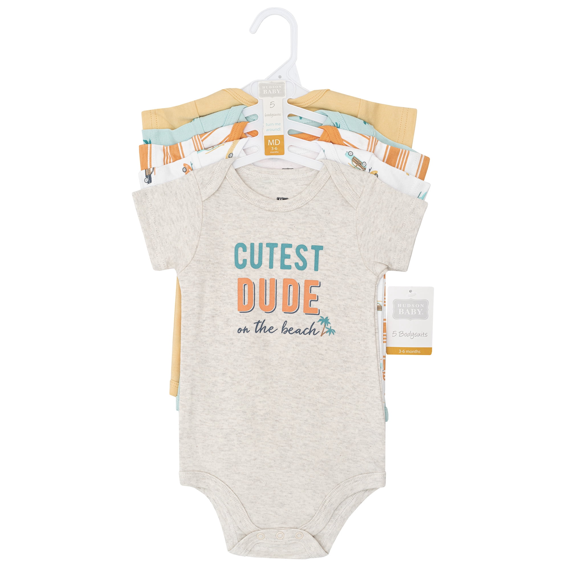 Hudson Baby Infant Boys Cotton Bodysuits 5-Pack, Cutest Beach Dude, Newborn