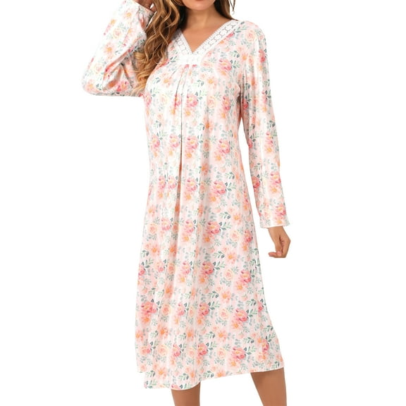 ValueVibe Nightgown for Women Long Sleeve Sleepshirts Full Length Sleepdress Lace Trim V-Neck House Dress with Pink Floral Printed, XL