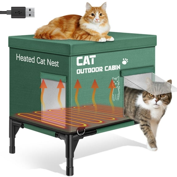 Heated Cat House for Outside in Winter, Outdoor Cat House Weatherproof with Heating Pad, Insulated Feral Cat Shelter for Outdoor Barn Strays, Highly Elevated Base & Safe Escape Door, 16 x 12 x 17 in
