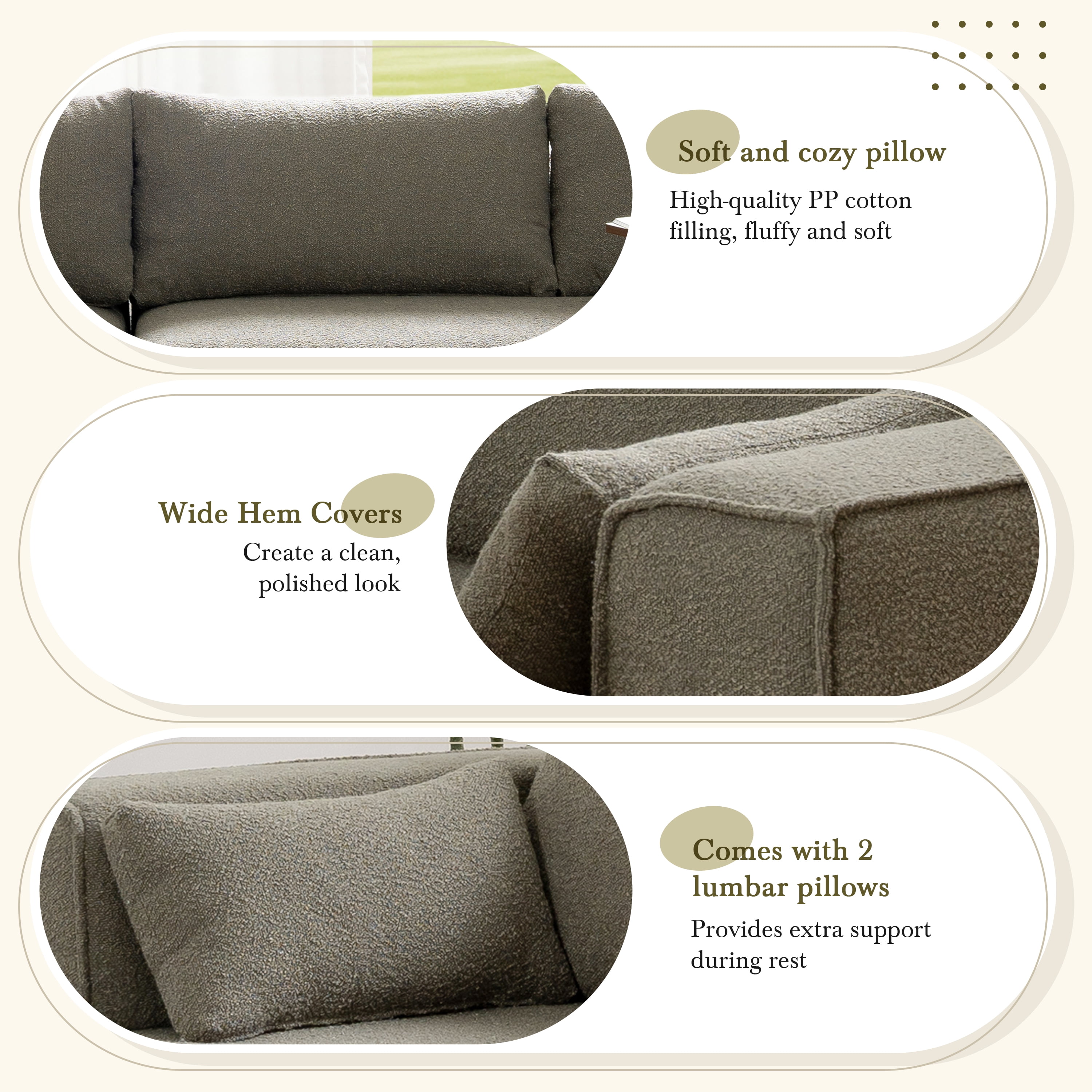 Sectional Sofa, Modular Couch, L-Shaped Fully Compressed with Free Side Table and 2 Pillows, No Assembly Required, Wrinkle-Resistant Boucle Fabric for Living Room, 112 Inch, Grayish Green