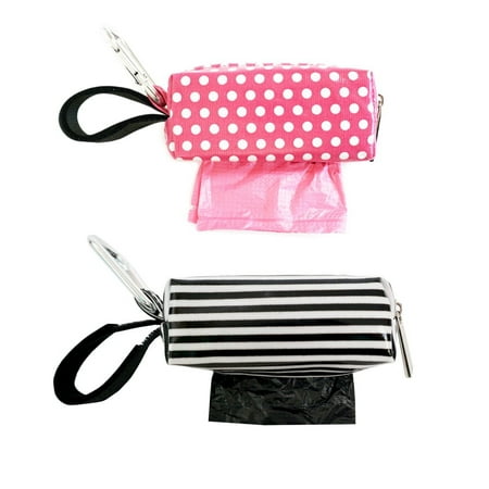 Dot Diaper Set - Oh Baby Bags Diaper Bag Clip-On Dispensers with Disposable Bags for Dirty Diapers and Other Messes -Set of 2 - Pink Dots and Black and White Stripe