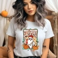 thumbnail image 2 of Stay Spooky Ghost Shirt Funny Graphic Tee with Pumpkin and Coffee Print, Gold, Size S, 2 of 6