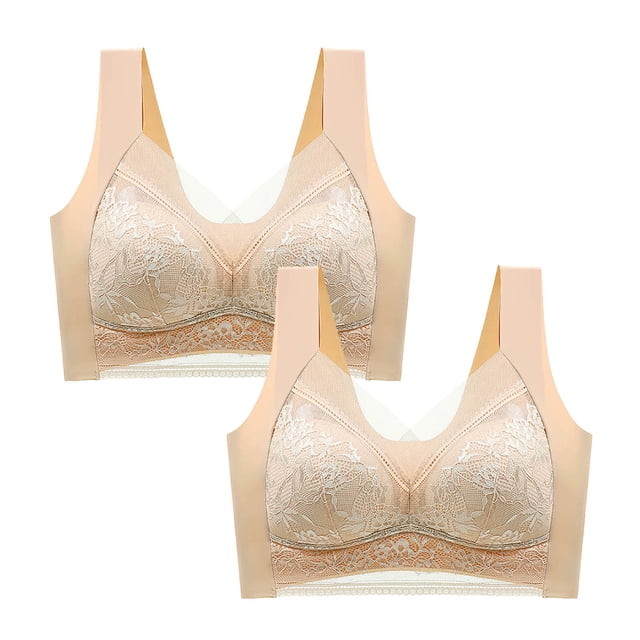 AherBiu 2PCS Plus Size Bras for Women Lace Full Coverage Push up Padded Large Bust Bralettes Solid Color Everyday Bras