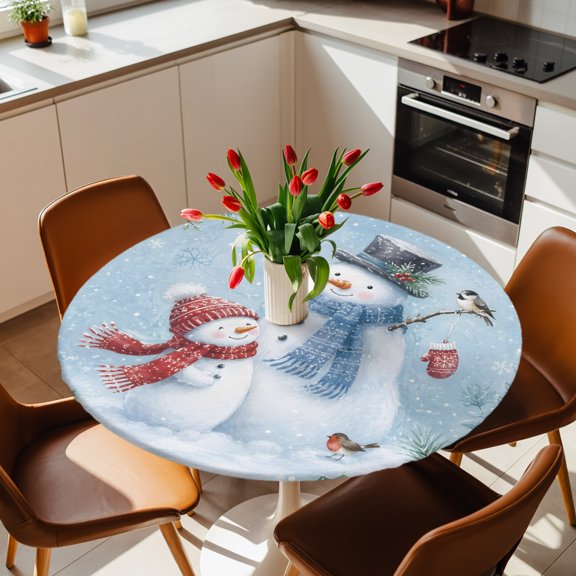 Round Fitted Tablecloth with Elastic Edge, Winter Christmas Snowman Fitted Table Cloth for Round Tables 36-44in, Blue Red Scarf Snowmen Waterproof Tablecloth for Outdoor Picnic Party