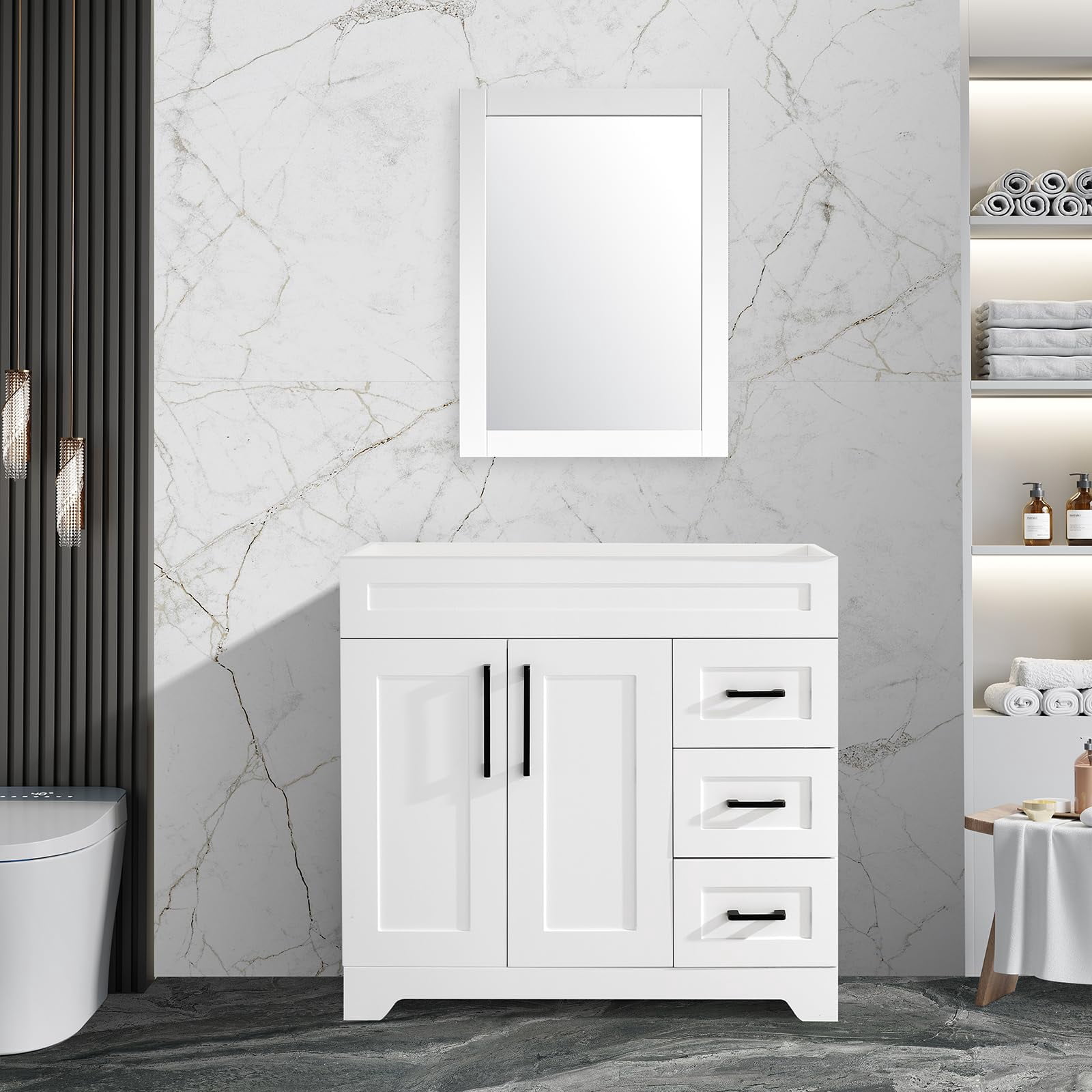 Dodrehome 36" Single Bathroom Vanity, Modern Bathroom Cabinet Without Sink, with 2 Soft Closing Doors and 3 Drawers, White