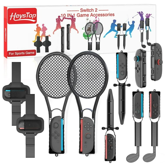 10-in-1 Family Sports Accessories Kit for Nintendo Switch 2 - Includes Leg Strap, Golf Clubs, Tennis Rackets, Sword Grips & Joy-Con Wrist Straps