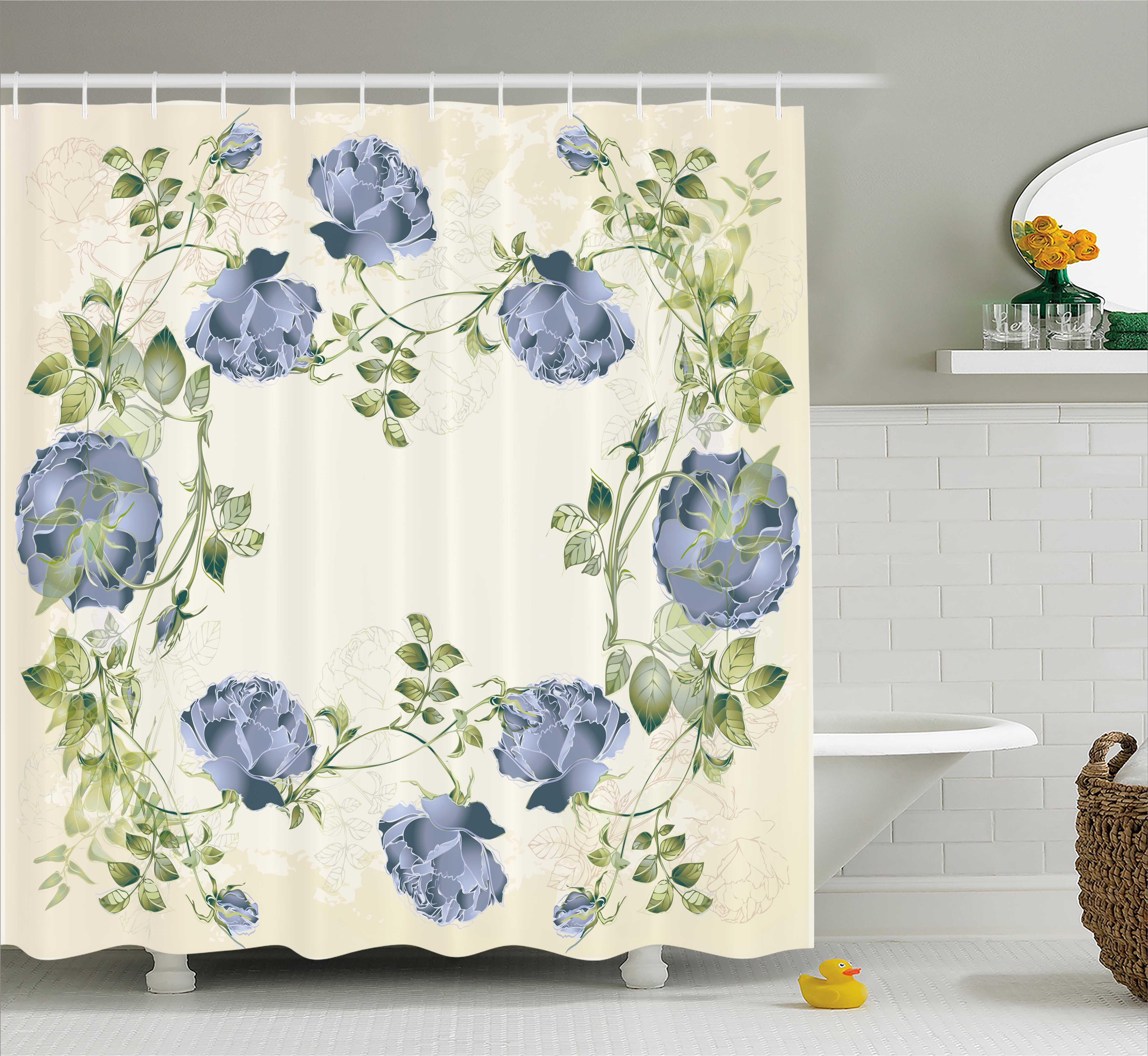 Floral Shower Curtain, Vintage Style Roses Leaves Flower Framework