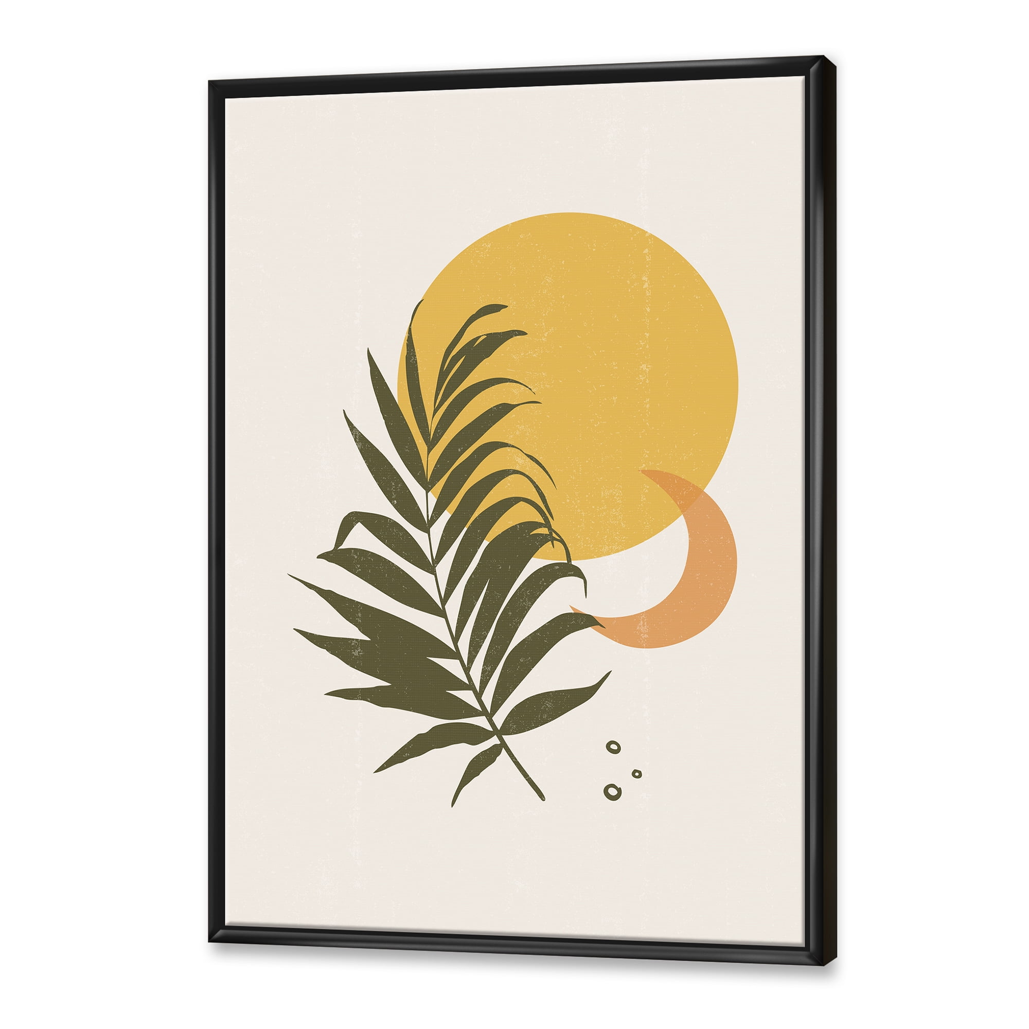 Designart 'Abstract Moon and Yellow Sun With Tropical Leaf I' Modern Framed Canvas Wall Art Print