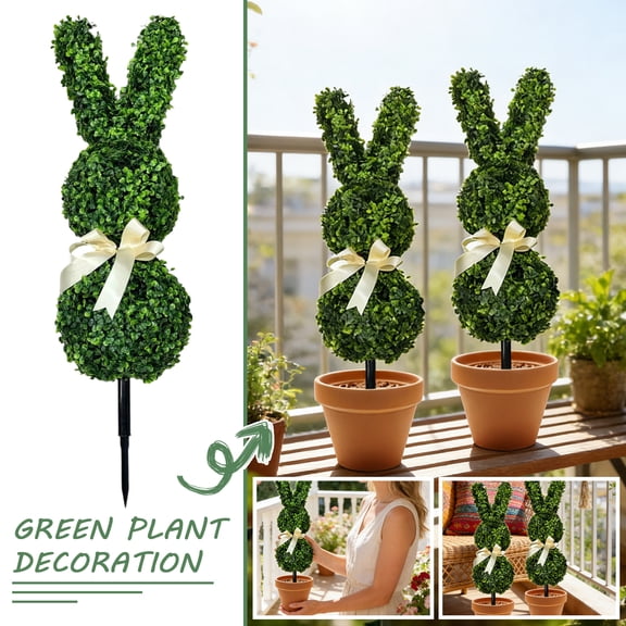 Artificial Boxwood Bunny Topiary Stakes, Pre-Decorated with Bow, UV-Resistant Faux Greenery Rabbit Decor for Easter, Spring Garden, Yard and Outdoor Planter Accents - 19.7 inch
