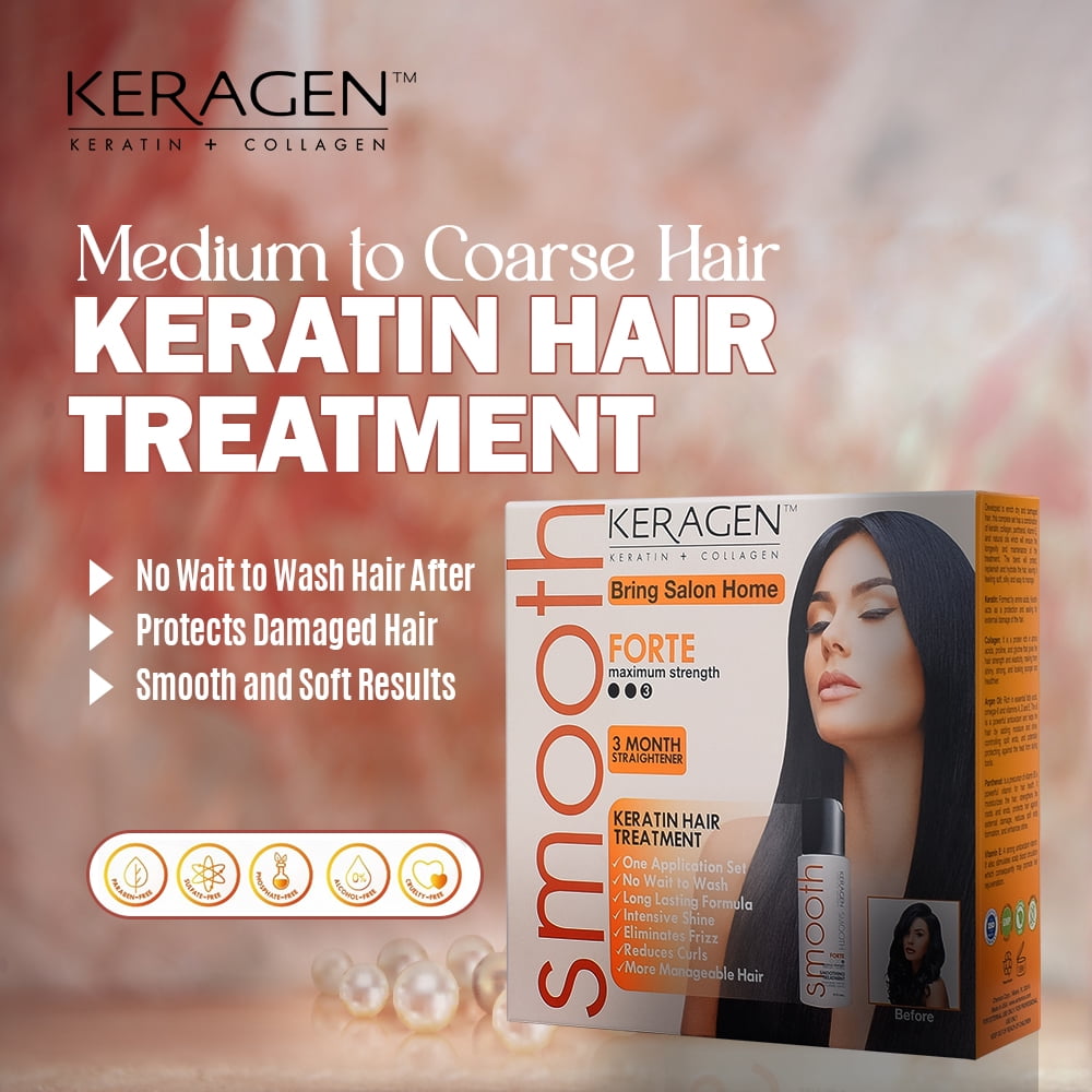 Keragen - Brazilian Keratin Hair Smoothing Treatment Express Home Kit - Blowout Straightening System, with 2 Oz Forte Treatment, 2 Oz Clarifying Shampoo and Aftercare Samples